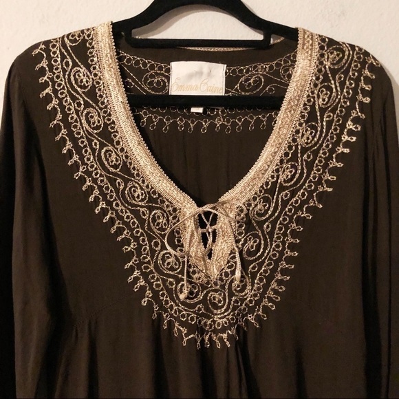 Emma Caine brown metallic gold trim tunic blouse - Picture 2 of 16
